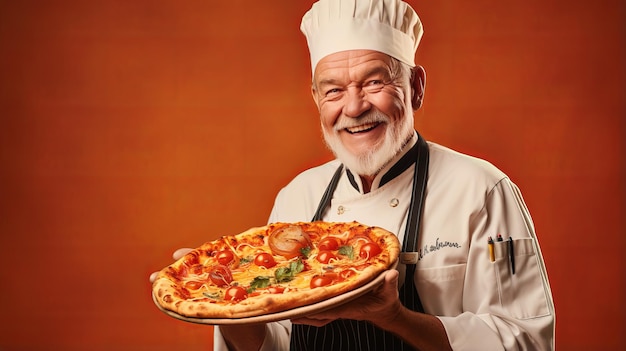 Portret starszego szefa kuchni płci męskiej trzymającego pizzę na brązowym tle