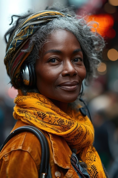 Portret starszej Afroamerykanki noszącej słuchawki na ulicy
