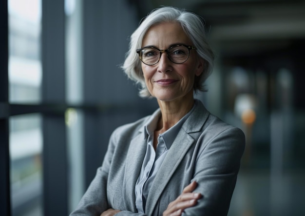 Zdjęcie portret starszej bizneswoman w okularach stojącej w biurze