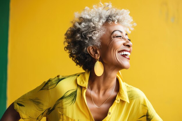 Portret starszej czarnej kobiety z doskonałym uśmiechem i pozytywnymi emocjami na żółtym tle