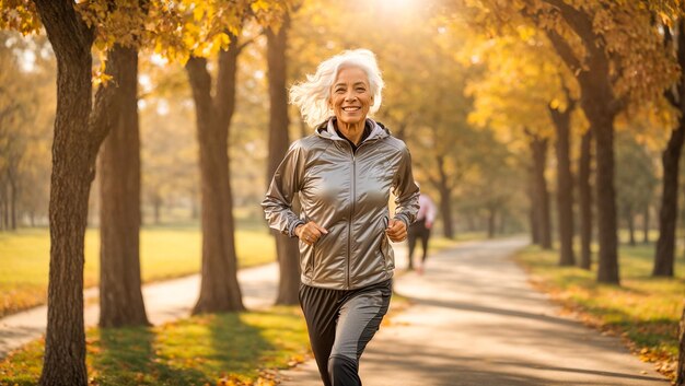 Portret starszej kobiety biegającej w parku jesieniowym
