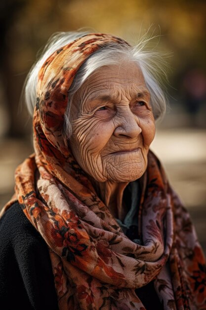 Portret starszej kobiety cieszącej się dniem w parku stworzony za pomocą generatywnej sztucznej inteligencji