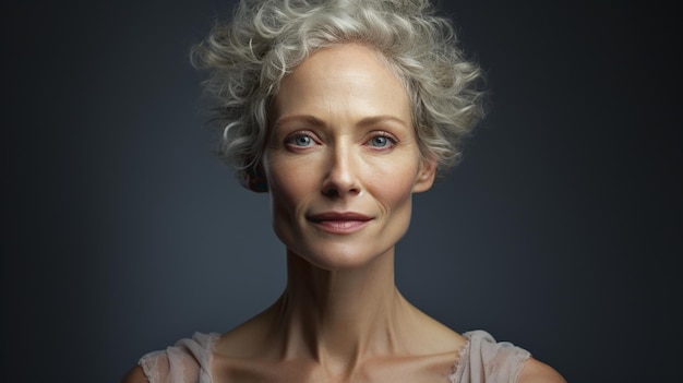 Portret starszej kobiety patrzącej w kamerę uśmiechającej się starszej damy z naturalnymi szarymi włosami