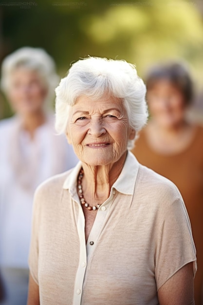 Portret starszej kobiety stojącej na zewnątrz z przyjaciółmi