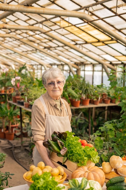 Portret starszej kobiety w fartuch stojącej przy ladzie i przygotowywanie produktów ekologicznych do sprzedaży