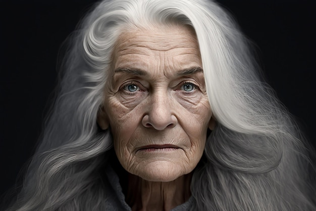Portret starszej kobiety z długimi siwymi włosami Zimne, twarde spojrzenie Widok całej twarzy na czarnym tle Babcia z głębokimi zmarszczkami patrzy w kamerę Obraz koncepcji naturalnego starzenia się wygenerowany przez AI