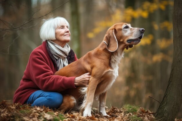 Portret starszej kobiety z psem w lesie stworzony za pomocą generatywnej sztucznej inteligencji