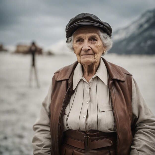 Zdjęcie portret starszej kobiety z rumunii, 90 lat, pomarszczony na białym tle, w skórzanej czapce górnika