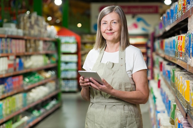 Portret starszej konsultantki w supermarkecie spożywczym Stoi z tabletem przyjmuje kontrolę towarów W odzieży roboczej