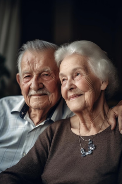 Portret starszej pary relaksującej się razem w domu, stworzony za pomocą generatywnej sztucznej inteligencji