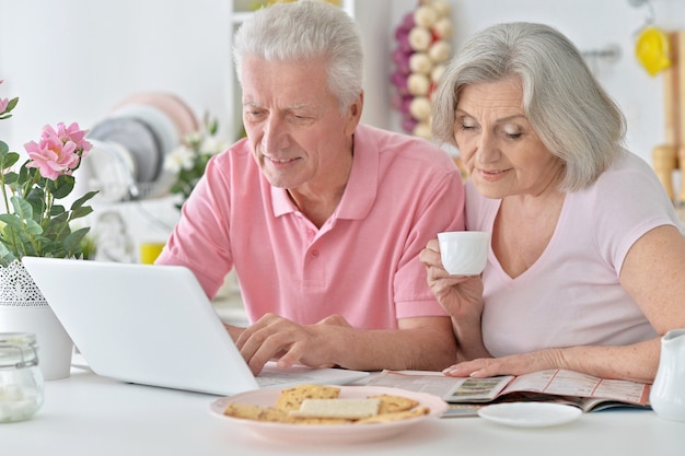 Zdjęcie portret starszej pary z laptopem w domu