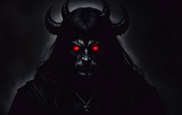Portret strasznego diabła z rogami Halloween Złowrogi demon