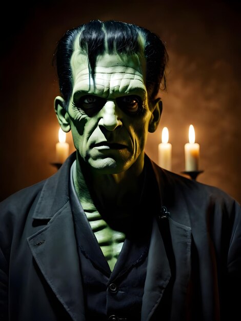 Zdjęcie portret strasznego mężczyzny victora frankensteina na ciemnym tle halloween