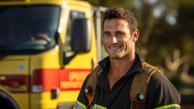 Portret strażaka na służbie Zdjęcie szczęśliwego strażaka w pobliżu wagonu straży pożarnej