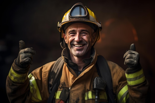 Portret strażaka pokazujący kciuki w górę z ogniem w tle