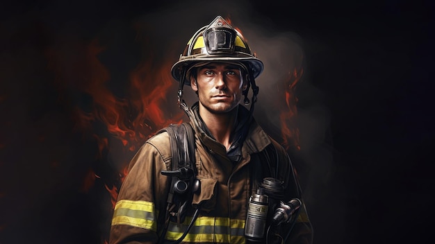 Portret strażaka w mundurze Strażak stoi w dymie i delikatnym ogniu Black backg