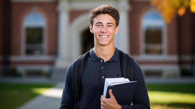 Portret studenta stojącego na zewnątrz przed budynkiem uniwersytetu stworzony za pomocą technologii generatywnej sztucznej inteligencji