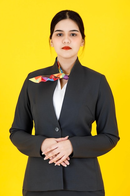 Portret Studio Strzał Azjatyckiej Profesjonalnej Udanej Inteligentnej Pewnie Kobiet Stewardesa Stewardesa W Formalnym Mundurze Z Szalikiem Stojącym Uśmiechniętym Spojrzeniem Na Aparat Pozowanie Na żółtym Tle.
