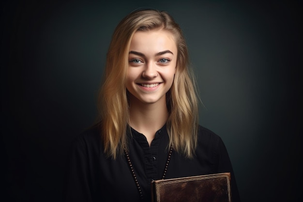 Portret studyjny młodej kobiety trzymającej otwartą książkę i uśmiechającej się do ciebie, stworzony za pomocą generatywnej ai