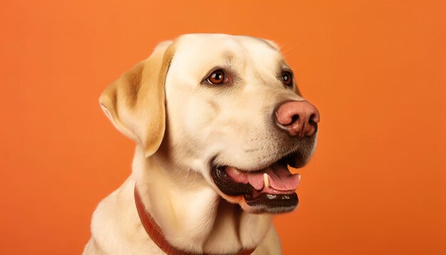 Portret studyjny żółtego psa labradora na pomarańczowym tle z miejsca na kopię