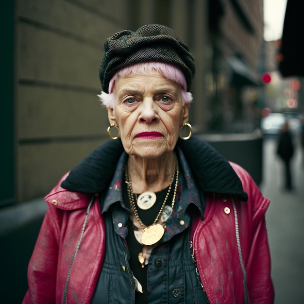 Portret stylowej starszej kobiety z różowymi włosami na ulicy miasta