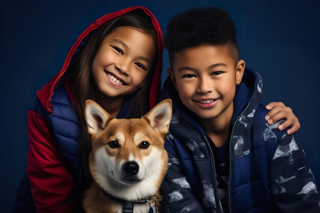 Portret stylowych azjatyckich dzieci z zabawnym psem shiba inu na chłodnym tle w kolorze indygo