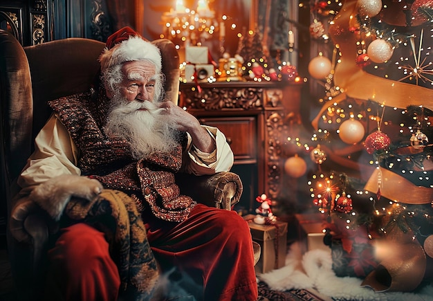 Portret Świętego Mikołaja z świątecznym tłem i pudełkami z prezentami