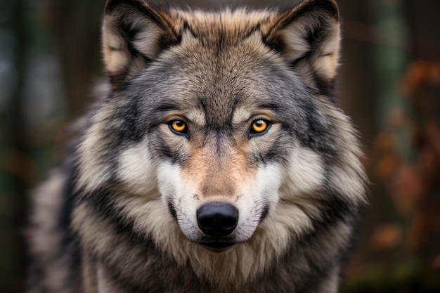 Portret szarego wilka w jesiennym lesie Portret zwierzęcia Szary wilk wpatrujący się z bliska Portret AI generowany