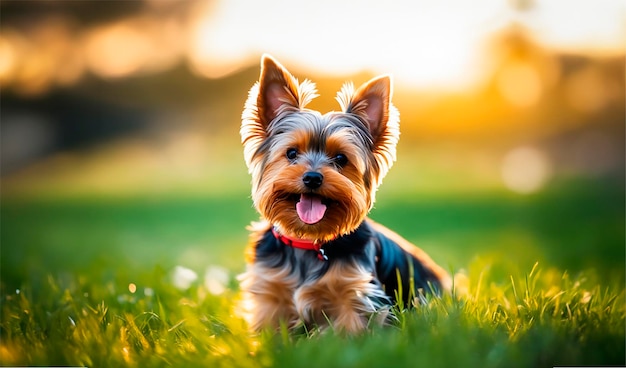 portret szczeniaka Yorkshire terrier na łące słoneczny dzień