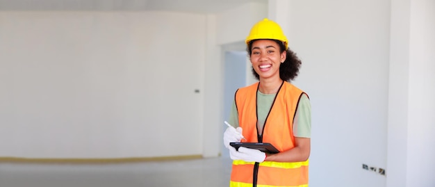 Portret szczęśliwa smling czarna kobieta Profesjonalni czarnoskórzy inżynierowie i inspektorzy badający schludność domów w budowie w projektach mieszkaniowych