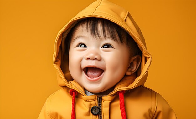 Portret szczęśliwego azjatyckiego dziecka w żółtych ubraniach na żółtym tle