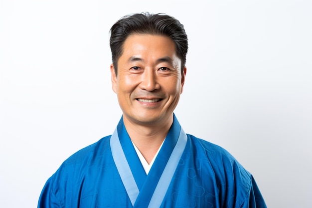 Portret szczęśliwego azjatyckiego mężczyzny w średnim wieku w niebieskim kimonie