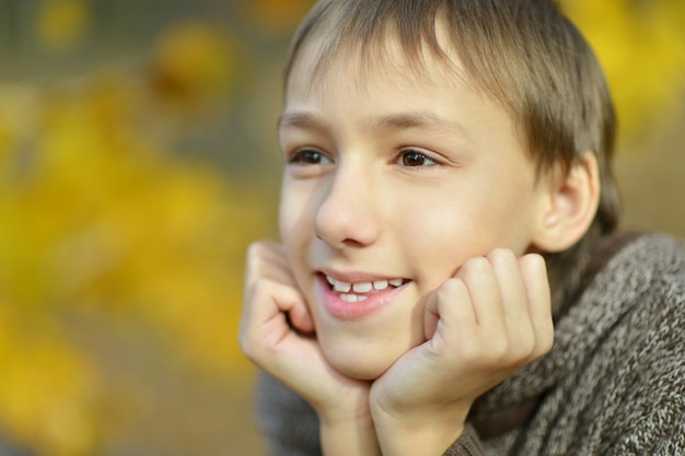 Portret szczęśliwego chłopca w jesiennym parku