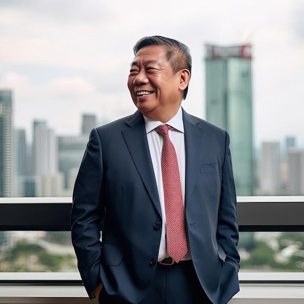 Portret szczęśliwego dojrzałego azjatyckiego biznesmena uśmiechającego się i patrzącego na miasto