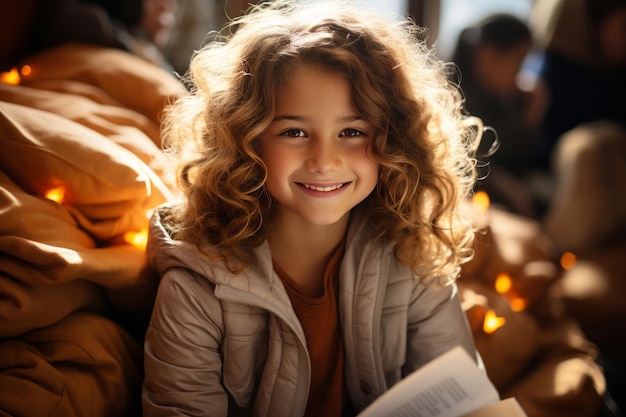 Zdjęcie portret szczęśliwego dziecka dziewczynki w okularach siedzącej na stosie książek i czytającej książki