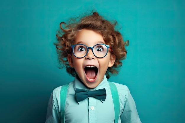 Portret szczęśliwego dziecka w okularach z nową wiedzą szkolną odizolowany