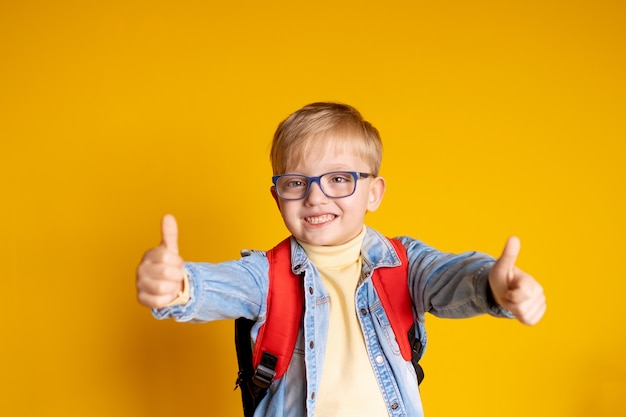 Portret Szczęśliwego Dziecka W Wieku 5-6 Lat Na żółtej ścianie Z Książkami I Plecakiem, Edukacja Dzieci.