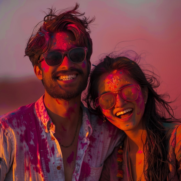 Portret szczęśliwego indyjskiego mężczyzny i chińskiej kobiety na festiwalu Holi w Indiach