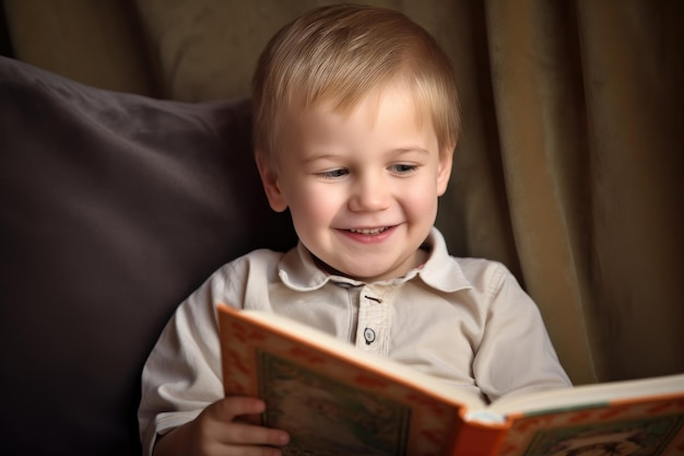 Portret szczęśliwego młodego chłopca patrzącego na książkę na kolanach, stworzony za pomocą generatywnej sztucznej inteligencji