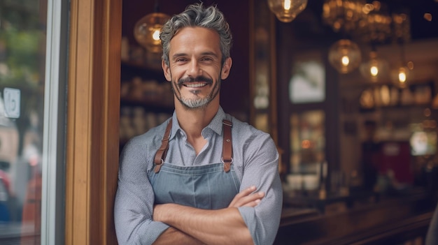 Portret szczęśliwego młodego mężczyzny stojącego w drzwiach swojego sklepu Wesoła dojrzała kelnerka czeka na klientów w kawiarni Właściciel małej firmy Generative Ai