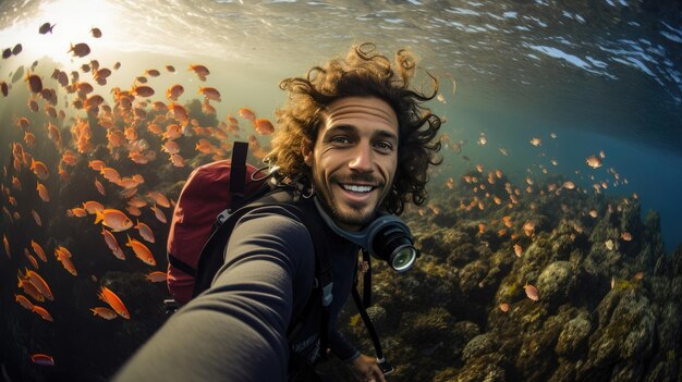 Portret szczęśliwego nurka robiącego selfie ze smartfonem pod wodą w tropikalnym morzu