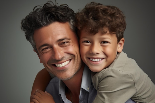 Portret szczęśliwego ojca i jego syna na szarym tle wygenerowany przez Ai
