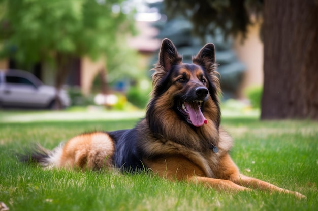 Portret szczęśliwego psa na podwórku
