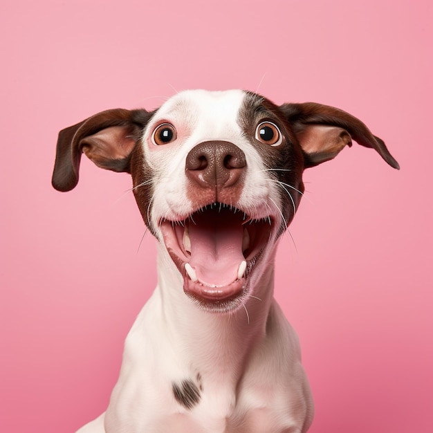 Portret szczęśliwego psa patrzącego w kamerę z otwartymi ustami na różowym tle