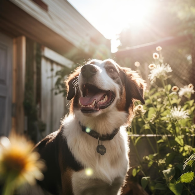 Portret szczęśliwego psa w Sunny Yard