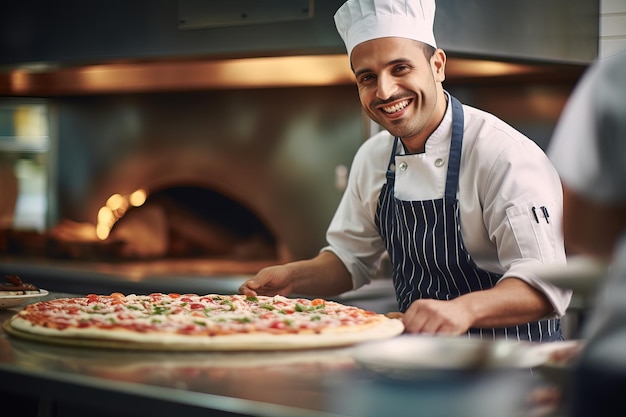 Portret szczęśliwego szefa kuchni przygotowującego pizzę