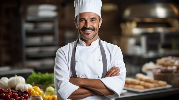 Zdjęcie portret szczęśliwego szefa kuchni w kuchni komercyjnej