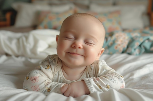 Portret szczęśliwego, uroczego, uśmiechniętego nowo narodzonego dziecka na łóżku