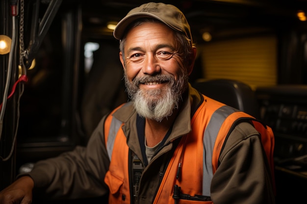 Portret szczęśliwego, uśmiechniętego kierowcy ciężarówki.