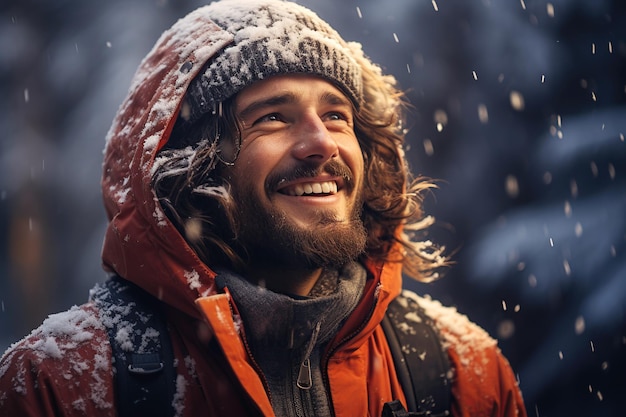 Portret szczęśliwego uśmiechniętego męskiego wspinacza turystycznego na wędrówce w górach zimą